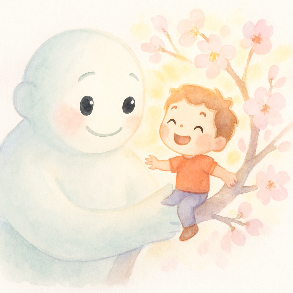 거인이 작은 아이를 나무 위에 올려주는 감동적인 장면